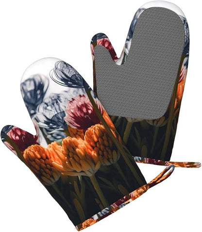 Flowers Print Oven Mitts Set of 2, Heat Resistant Silicone Oven Mittens Gloves - Image 3