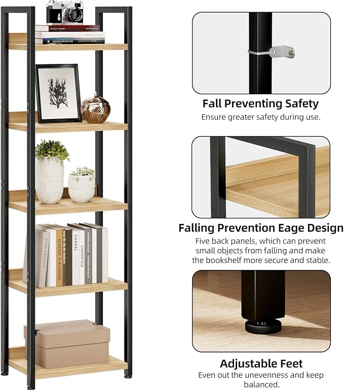 NUMENN Narrow Bookshelf, 5 Tier Freestanding Shelving Unit, Natural | Metal - Image 5