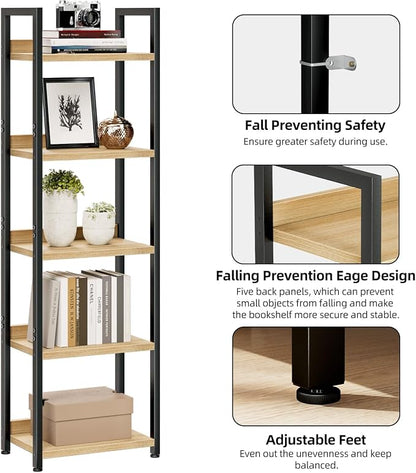 NUMENN Narrow Bookshelf, 5 Tier Freestanding Shelving Unit, Natural | Metal - Image 5