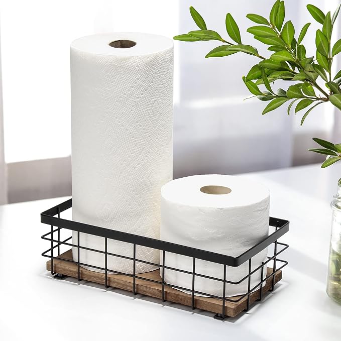 TJ.MOREE Small Metal Wire Basket, Decorative Wood Base Organizer - Image 2