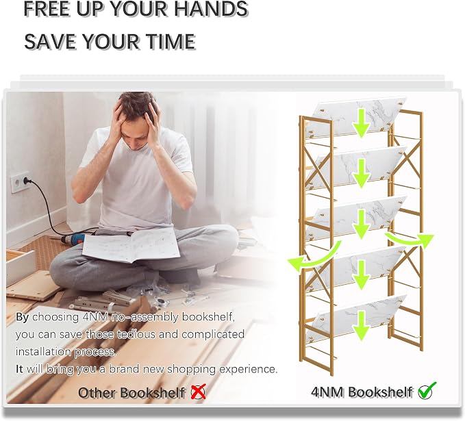 4NM 5 Tiers No Assembly Book Shelves, 51.2" H Folding Bookshelf Bookcase Open - Image 7