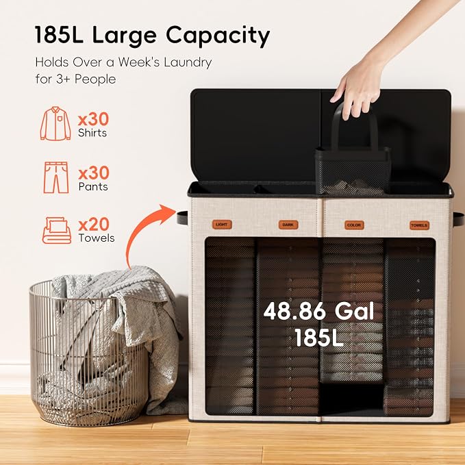 Laundry Hamper 4-Section with Lid, 185L Laundry Sorter with 4 Removable Bags + - Image 3