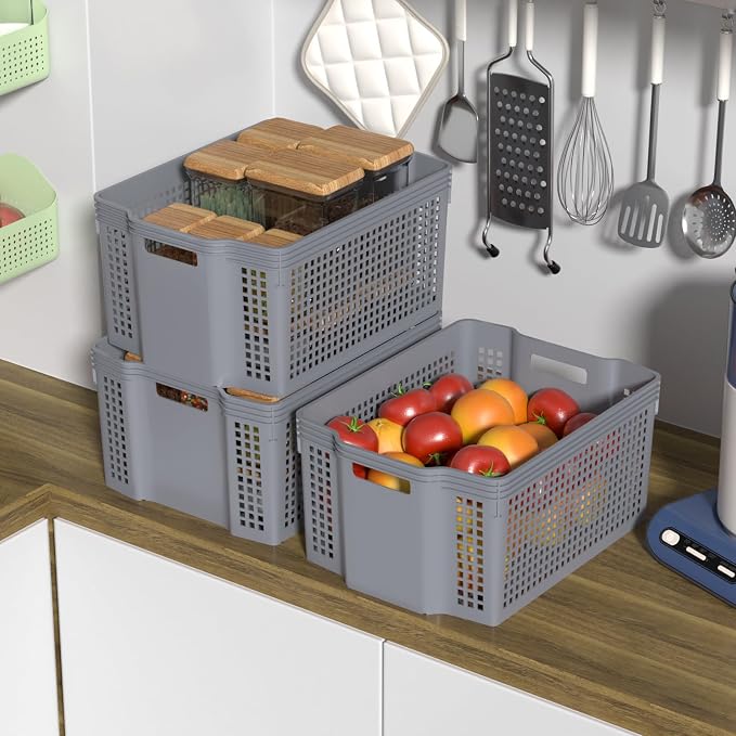 12-Pack Large Plastic Storage Baskets, Deep Stacking Storage Basket Bin - Image 5