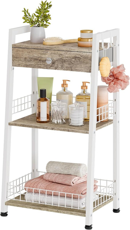 3-Tier Ladder Shelf with Drawer, Bathroom Floor Storage Shelf, Freestanding by Gewudraw