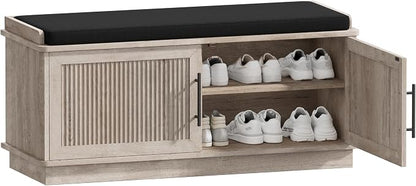 Akxomel 39.4" Fluted Shoe Storage Bench 2 Doors Wooden Entryway Bench Greige - Image 8