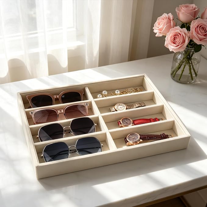 Sunglass Organizer, 8 Grids Beige Velvet Glasses Tray - Image 5