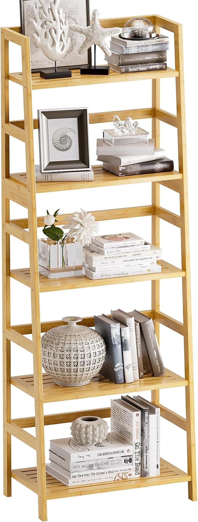 Ladder Shelf, 5-Tier Bookshelf, All Bamboo Heavy Duty Bookcase, Freestanding by VOVALACraftingDreamHomes