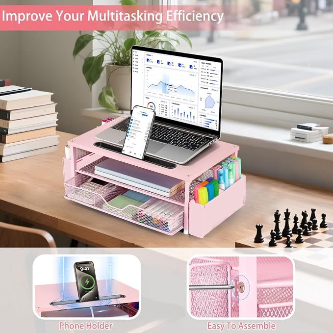 AUPSEN Pink Desk Organizers and Accessories, 2-Tier Wood Computer Monitor Stand - Image 3