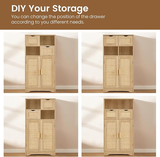 Iwell Storage Cabinet with 2 Drawers & Adjustable Shelves, Rattan Cabinet - Image 7