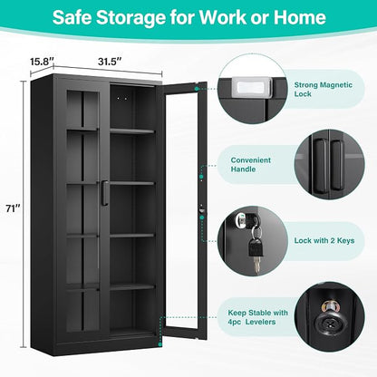 Metal Storage Cabinet with Lock and Glass Doors, Glass Display Cabinet - Image 3