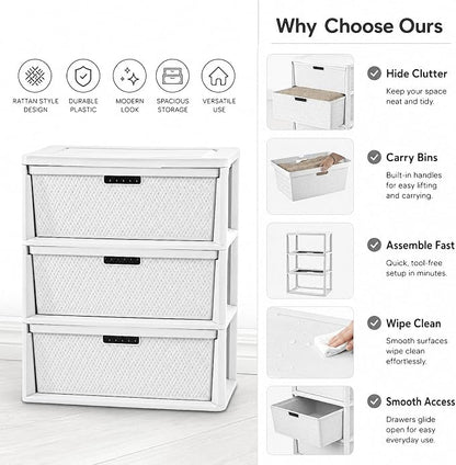 Wide 3-Drawer Decorative Organizer Chest, Ergonomic Pull Handles, Opaque Bins - Image 5