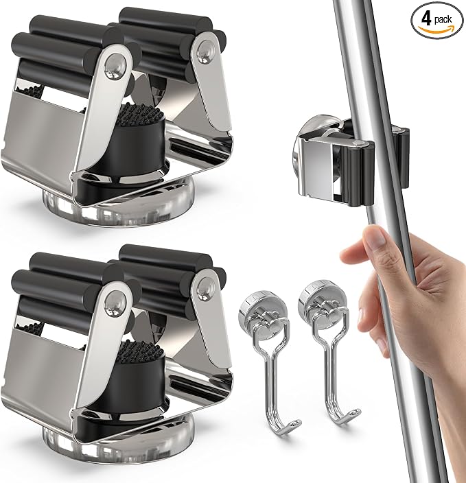 3-H Magnetic Broom Holder 4pcs, Stainless Steel No Drill Mop Holder Wall Mount by 3-H