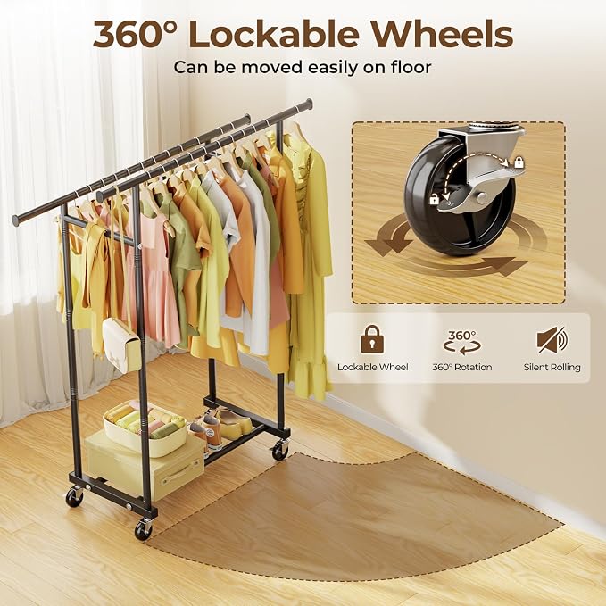 HYSEYY Double Rods Clothes Rack, Rolling Clothing Rack - Image 4