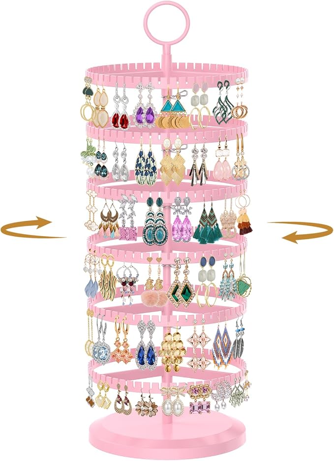 MODOWEY Rotating Earring Holder Organizer Adjustable Display, 6 Tiers Pink | by MODOWEY