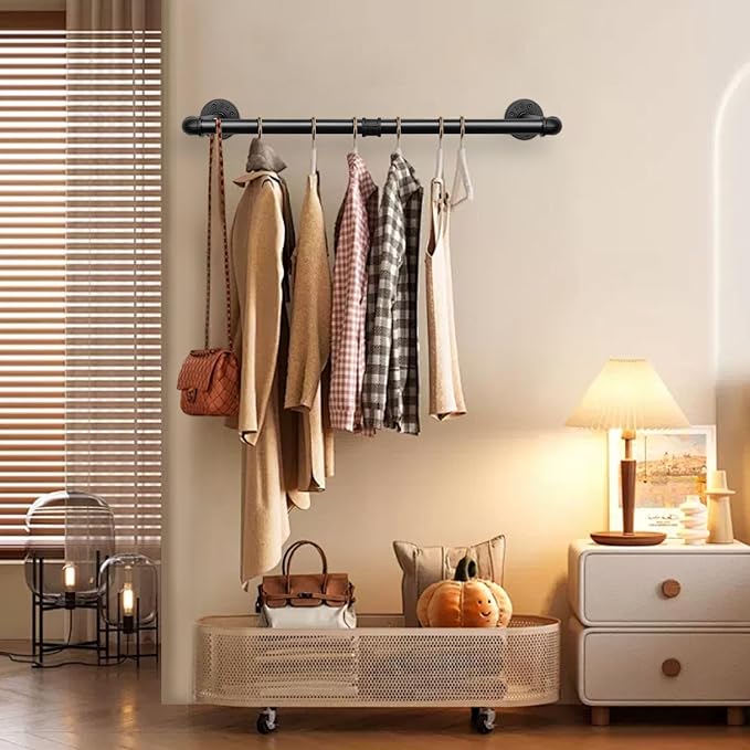 Industrial Iron Pipe Clothes Hanging Bar DIY Wall-Mounted Garment Rack Heavy - Image 2