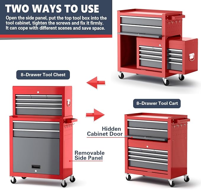 8-Drawer Tool Chest with Wheels, Detachable Top Tool Box, Tool Cabinet with - Image 5