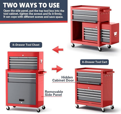8-Drawer Tool Chest with Wheels, Detachable Top Tool Box, Tool Cabinet with - Image 5