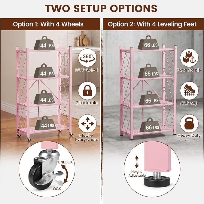 ALANNG 4 Tier Folding Storage Shelf on Wheels, Heavy Duty Metal Rolling Cart | - Image 7