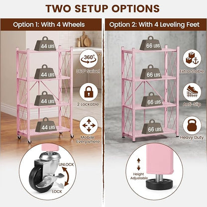 ALANNG 4 Tier Folding Storage Shelf on Wheels, Heavy Duty Metal Rolling Cart | - Image 7