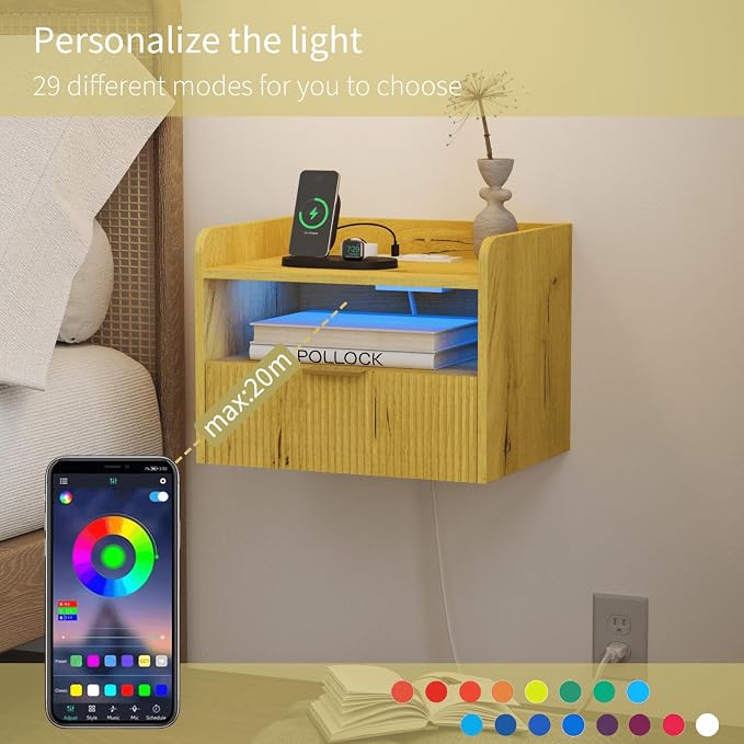 Floating Nightstand with Charging Station and LED Lights - Image 5