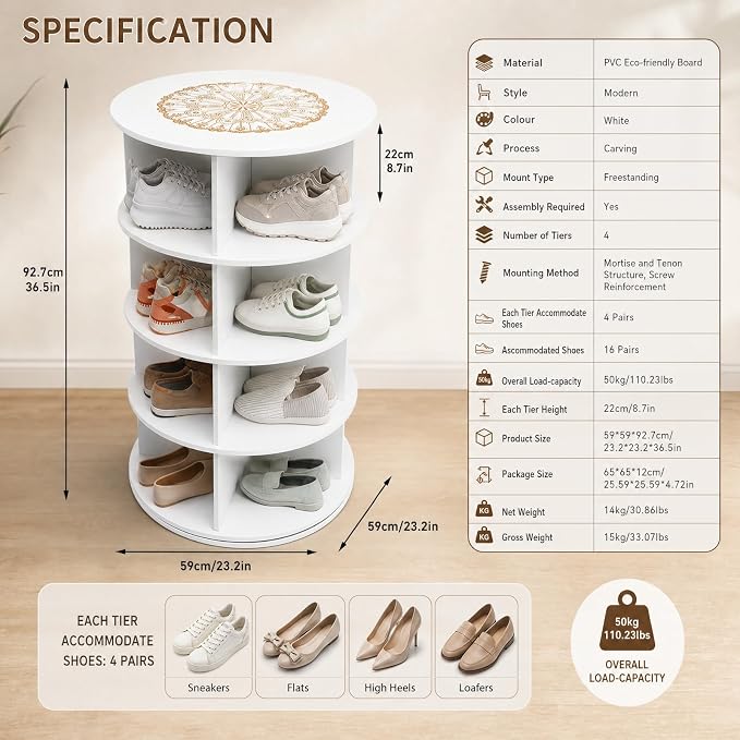4 Tier Rotating Shoe Rack Tower, Space-Saving Stackable Narrow Shoe Storage - Image 5