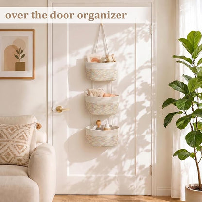 TeoKJ Over the Door Hanging Basket, 3-Tier Woven Cotton Wall-Mounted Storage - Image 2
