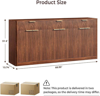 Evermagin 67" Fluted Walnut Sideboard Buffet Cabinet - Image 2