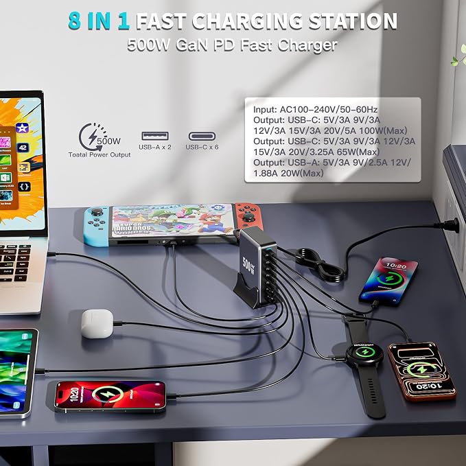 500W GaN USB C Charger Block Charging Station 8 Port Fast Charger Block - Image 2