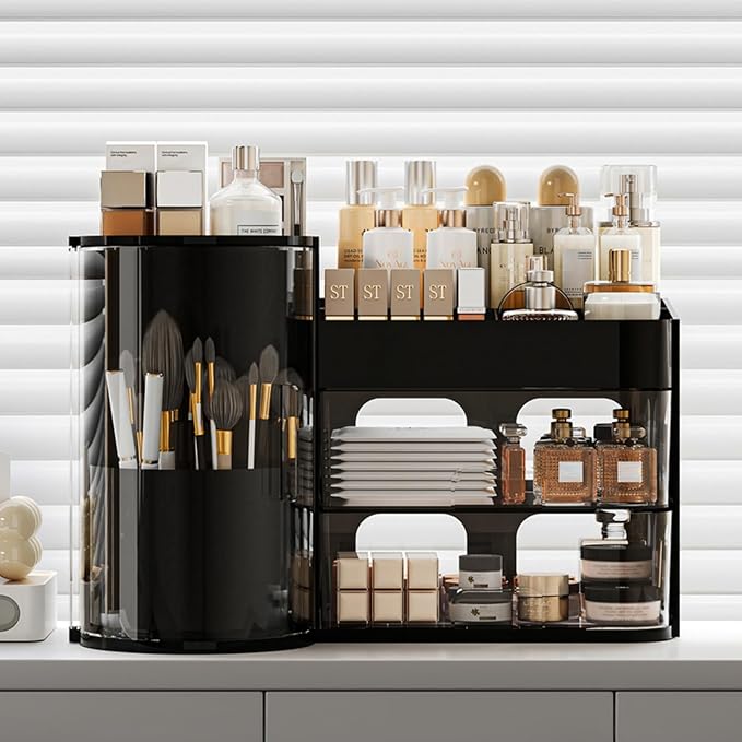 Makeup Organizer with Rotating Brush Holder Cosmetic Organizer with Drawers - Image 2