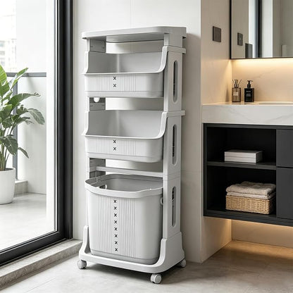 4-Tier Floor Standing Laundry Hampers on Wheels, Rolling Laundry Cart - Image 4
