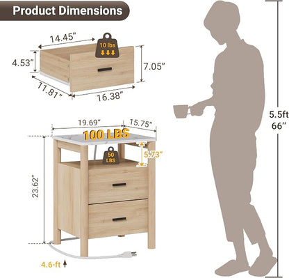 Night Stand with Charging Station, 2 Drawers End Table with Solid Round Post - Image 2
