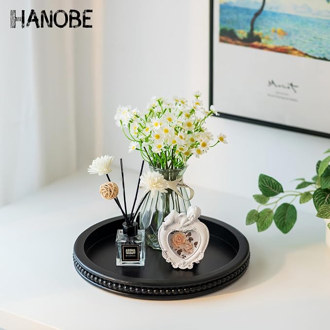 Hanobe Round Black Tray for Coffee Table, Beaded Edge | 11.8-inch wood tray for - Image 2