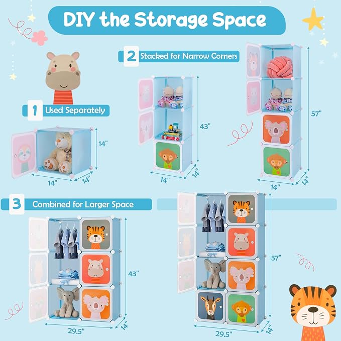 HONEY JOY Kids Wardrobe Closet, Baby Cartoon Clothes Storage Organizer - Image 3