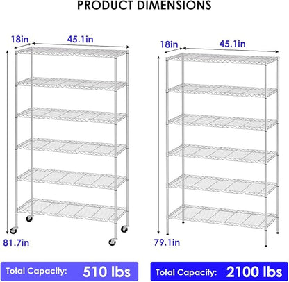 FDW | 6-Tier Wire Shelf with Wheels | 45" x 18" x 82" | Chrome | Storage - Image 3