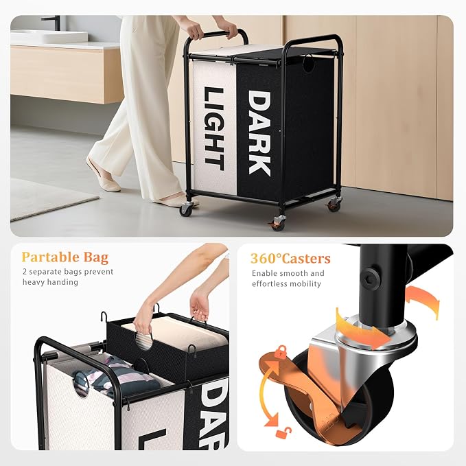 120L Laundry Sorter 2 Section, Rolling Laundry Basket - Image 4