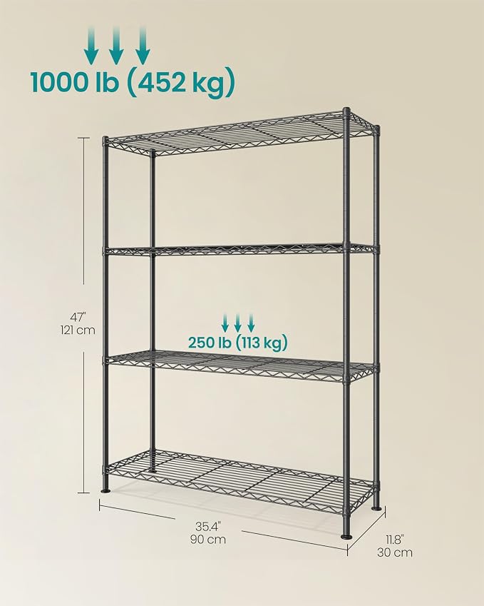 SONGMICS Storage Shelf, Metal Wire Shelving Unit, 4 Tier, Ink Black | - Image 3