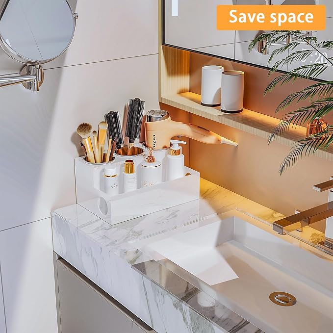 White Hair Tool Organizer Acrylic Hair Dryer and Styling Holder, Bathroom - Image 4