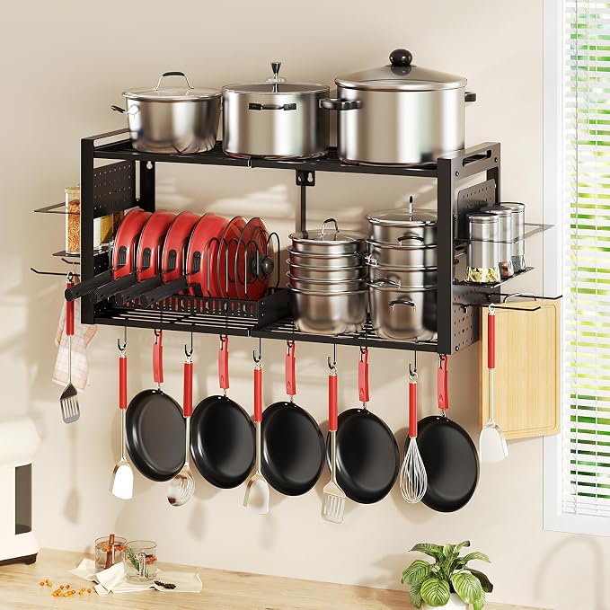 31 Inch Pot Rack Wall Mounted, 2-Tier Pots and Pans Hanging Organizer - Image 3