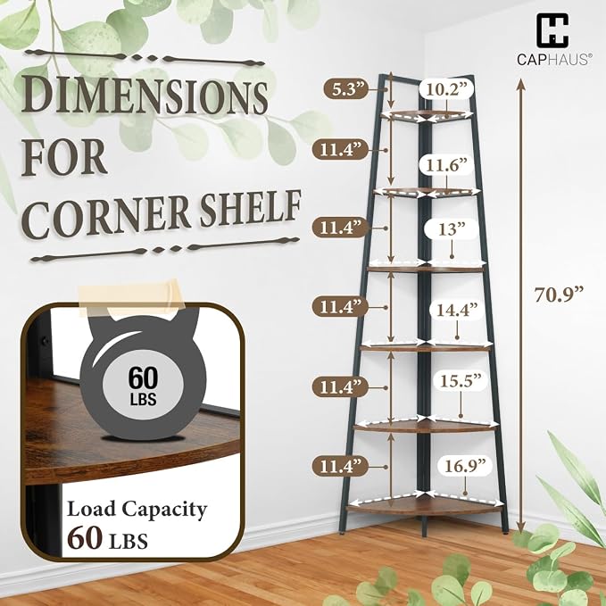 CAPHAUS 6-Tier Corner Shelf Stand, Tall Display Shelves, Ladder Corner Wood - Image 2