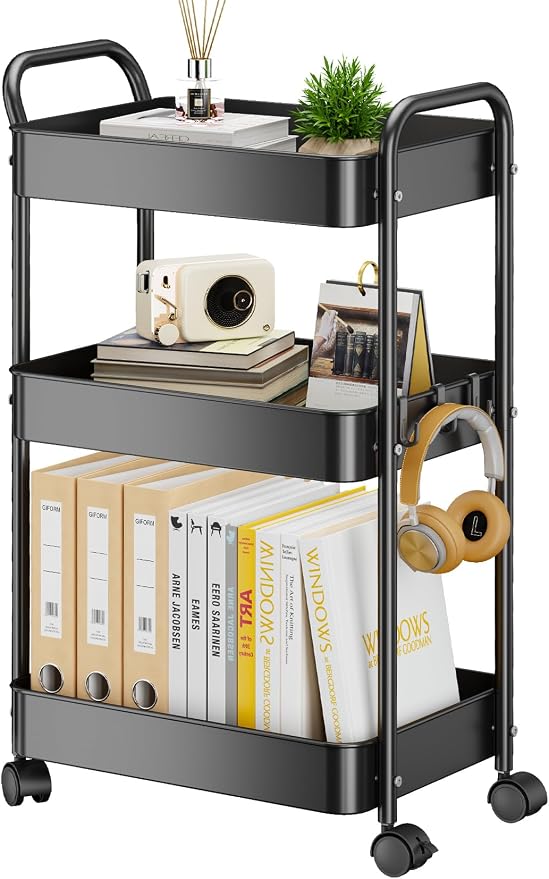 YASONIC 3-Tier Metal Rolling Cart, Sturdy Storage Utility Carts by YASONIC