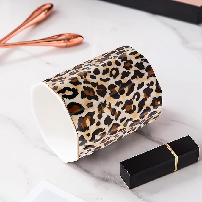 Jwest Pen Holder, Makeup Brush Holder Ceramic Shiny Gold Leopard Cheetah - Image 6