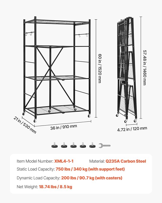 VEVOR 4-Tier Foldable Storage Shelf, 36W x 21D x 60H Inch Folding Metal Rack - Image 3