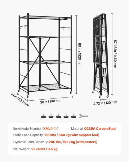 VEVOR 4-Tier Foldable Storage Shelf, 36W x 21D x 60H Inch Folding Metal Rack - Image 3