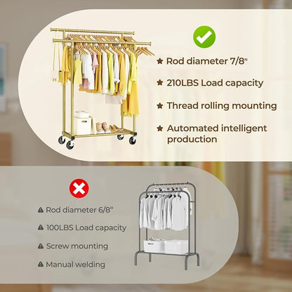 HYSEYY Double Rods Clothes Rack, Sturdy Rolling Clothing Rack, Portable - Image 6