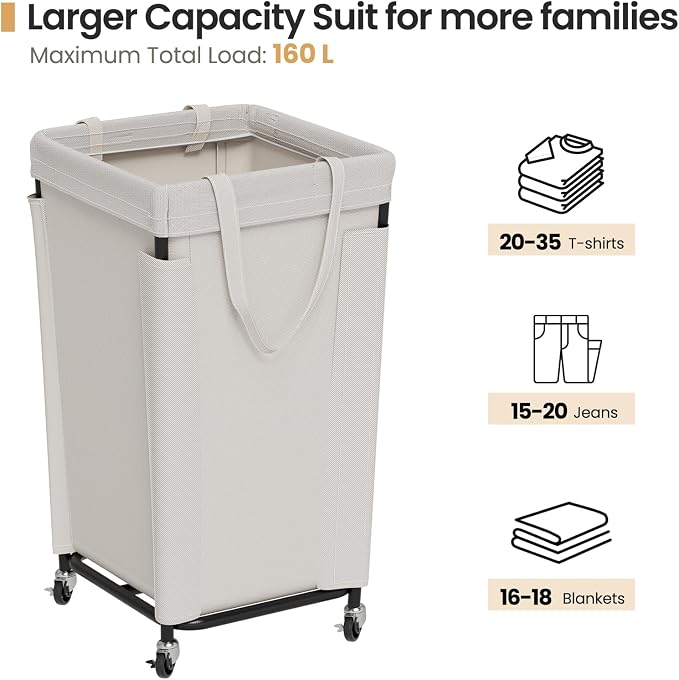 Laundry Basket with Wheels, Laundry Hamper with Removable Bag and Steel Frame - Image 3