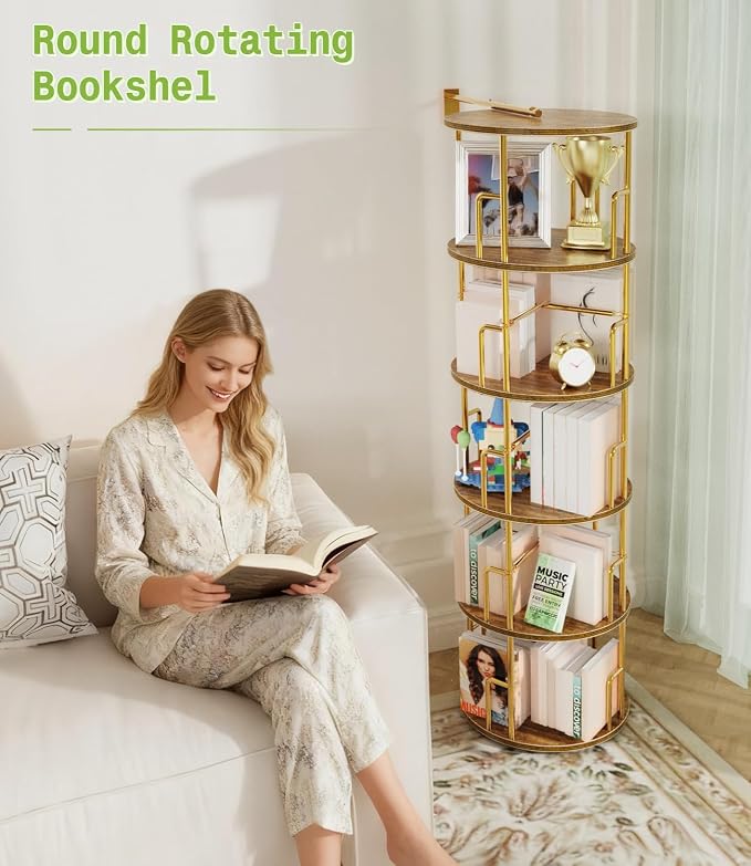 5 Tier Round Rotating Bookshelf Tower Gold, 62” Tall Space Saving Spinning - Image 7