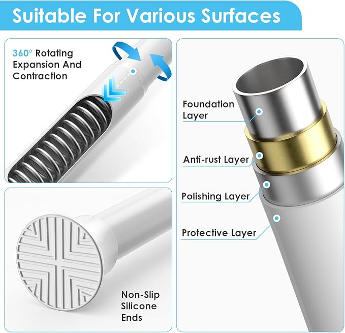 2Pcs Tension Curtain Rod 24 To 46 Inch White Shower Curtain Rod No Drilling - Image 4