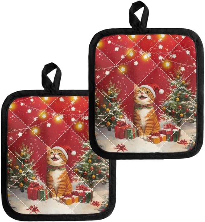 4Pcs Christmas Cute Cat Trees Stars Lights Red Kitchen Pot Holders Heat by Jndtueit