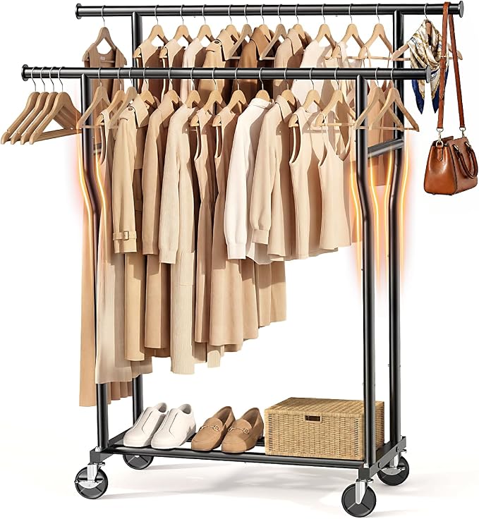 Clothes Rack, Double Rods Rolling Clothing Rack by WATIOWL