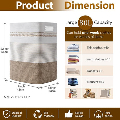 Laundry Hamper, Large Woven Rope Tall Laundry Basket - Image 4